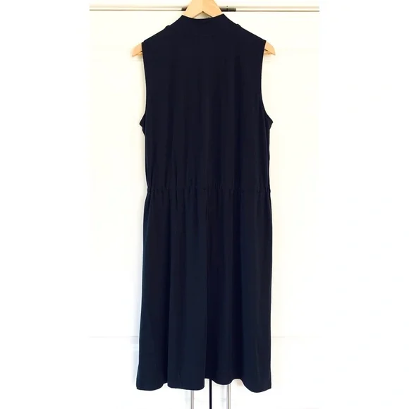 Eileen Fisher Shift Dress Mock Neck Drawstring Jersey Black Sleeveless Size L